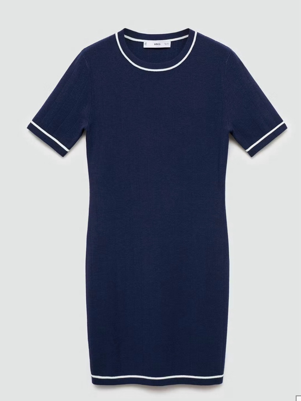 Mango Navy Crewneck Short-Sleeve Knit Dress with White Trim